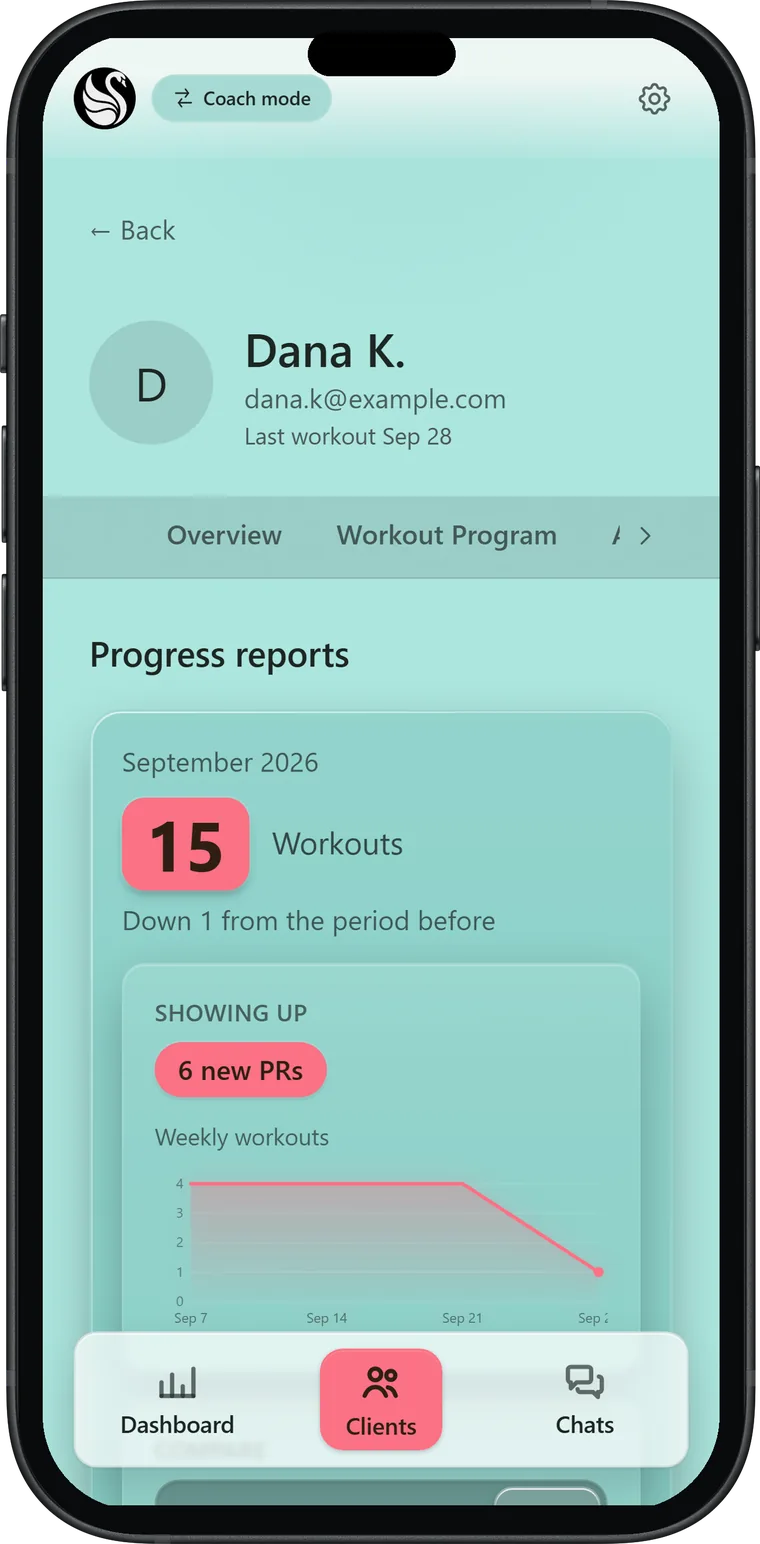 A client's monthly progress report in the app, light theme.