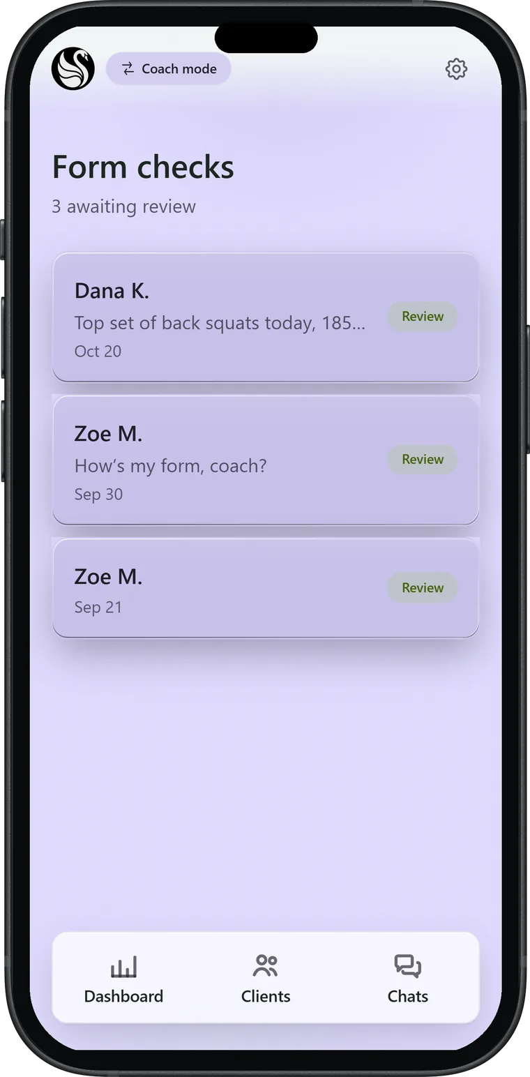 The coach's form-check queue, clients awaiting review, light theme.