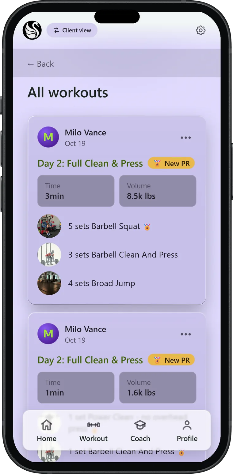 A client's workout history in the coach app, light theme.